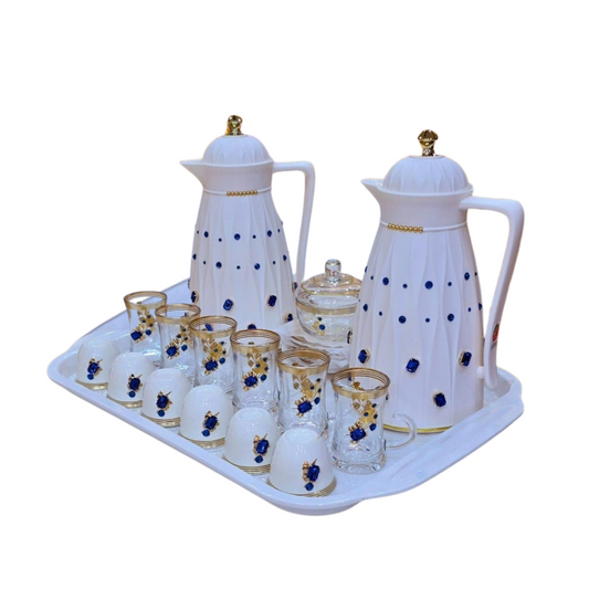 Luxury Arabic Coffee & Tea Serving Set – Red,Bule,Green & Gold Thermos with Crystal Detailing, Glass Cups, Ceramic Covers & Tray