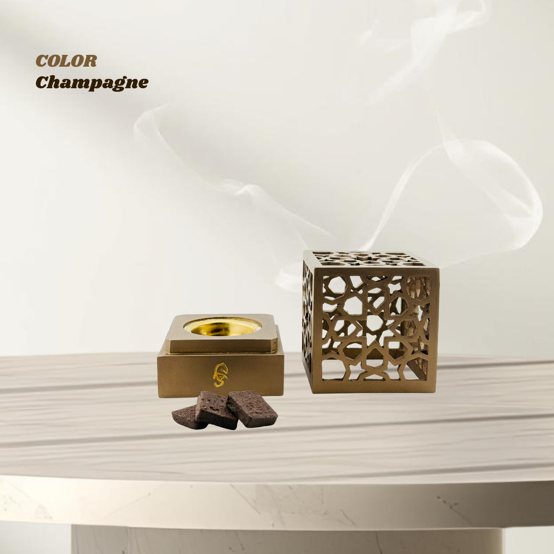 Premium Arabic Bakhoor Burner Champagne – Elegant Geometric Metal Incense Holder | Modern Mabkhara for Home, Ramadan, Gifting