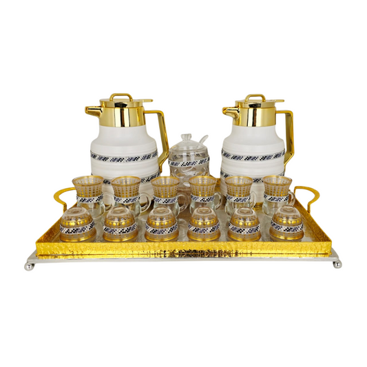 Luxury 22-Piece Arabic Tea & Coffee Set with 2 Thermal Flasks & Elegant Silver Serving Tray – Majlis & Ramadan Hosting
