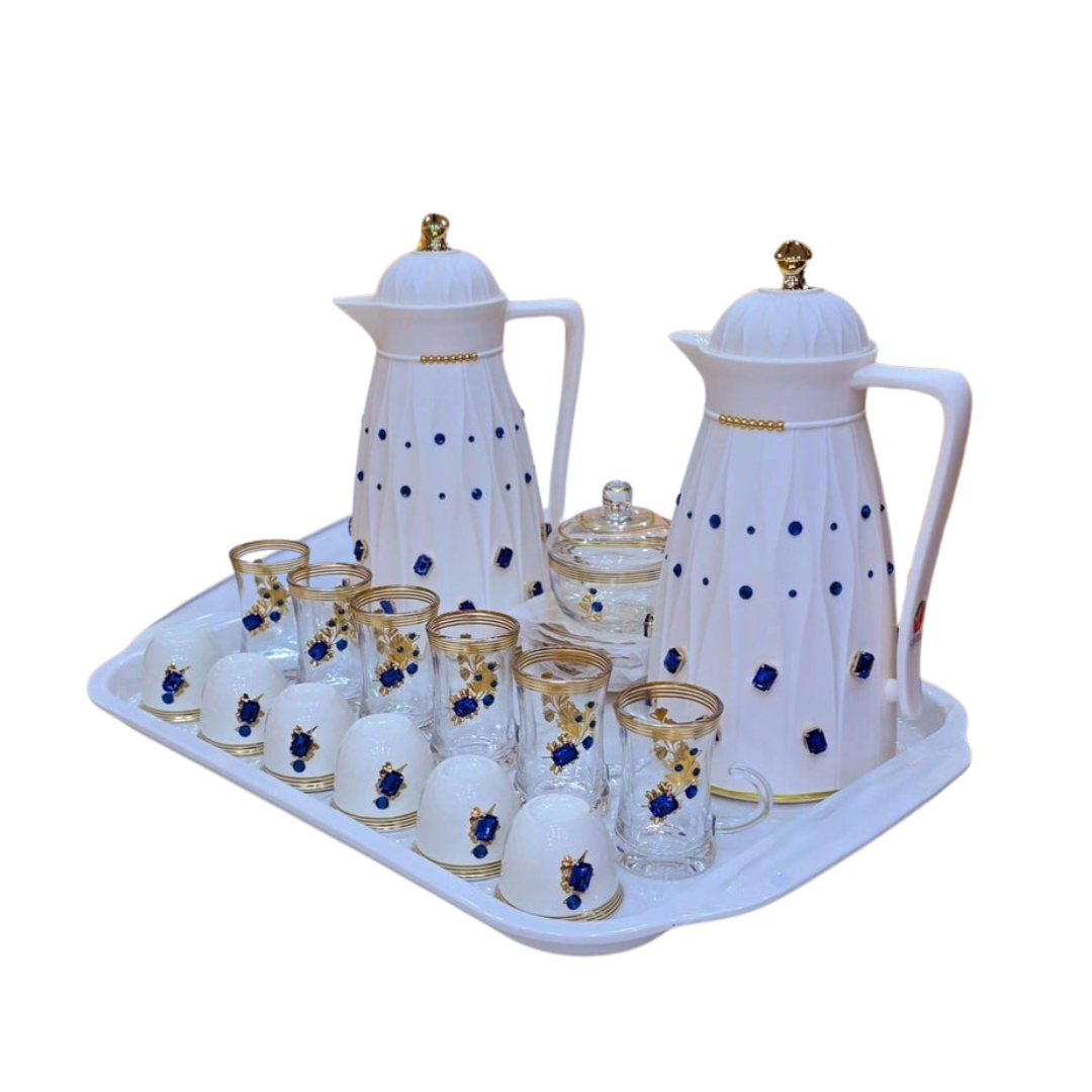 Luxury Arabic Coffee & Tea Serving Set – Red,Bule,Green & Gold Thermos with Crystal Detailing, Glass Cups, Ceramic Covers & Tray