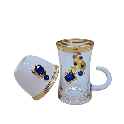 Luxury Arabic Coffee & Tea Serving Set – Red,Bule,Green & Gold Thermos with Crystal Detailing, Glass Cups, Ceramic Covers & Tray