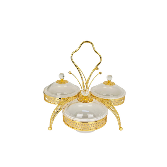Luxury Candy and Dates Serving Bowl Set with Metal Rack| 3-Compartment Tray with Crystal Lid