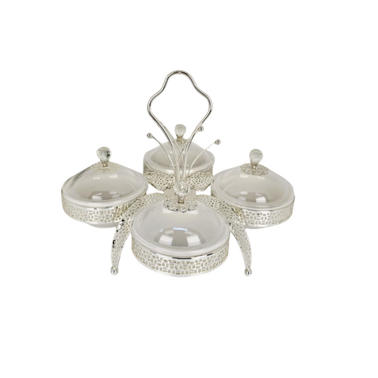 Luxury Candy and Dates Serving Bowl Set with Metal Rack| 4-Compartment Tray with Crystal Lid