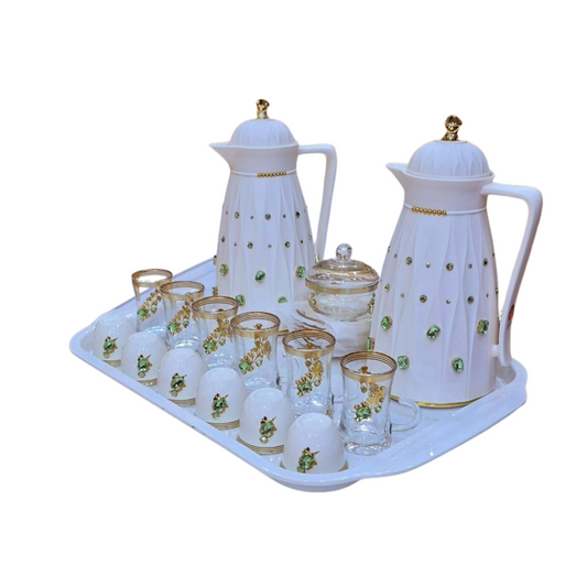 Luxury Arabic Coffee & Tea Serving Set – Red,Bule,Green & Gold Thermos with Crystal Detailing, Glass Cups, Ceramic Covers & Tray