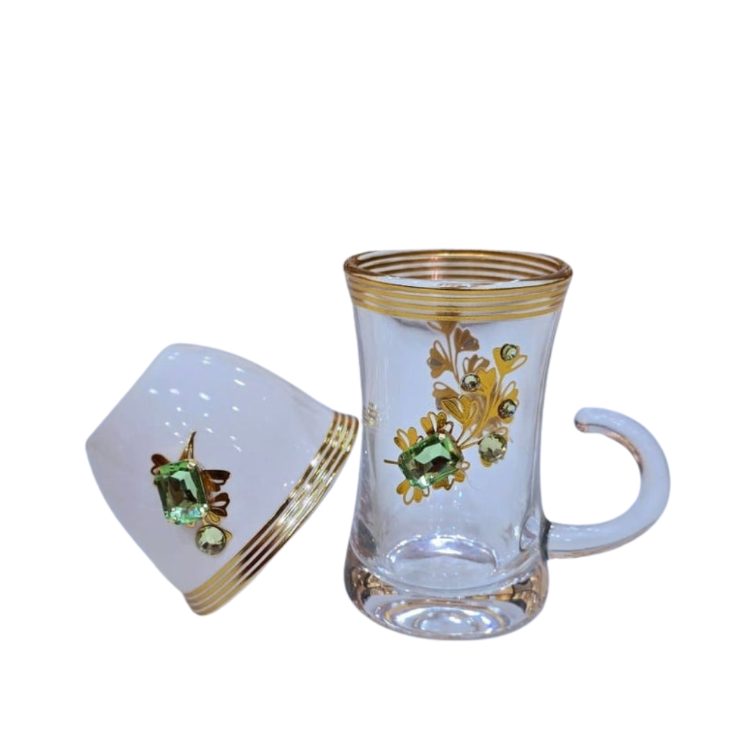 Luxury Arabic Coffee & Tea Serving Set – Red,Bule,Green & Gold Thermos with Crystal Detailing, Glass Cups, Ceramic Covers & Tray