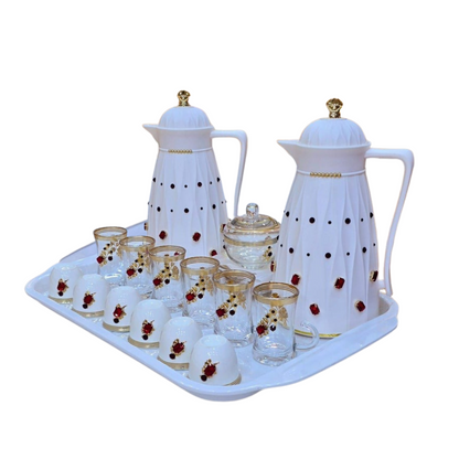 Luxury Arabic Coffee & Tea Serving Set – Red,Bule,Green & Gold Thermos with Crystal Detailing, Glass Cups, Ceramic Covers & Tray