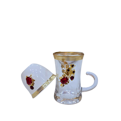 Luxury Arabic Coffee & Tea Serving Set – Red,Bule,Green & Gold Thermos with Crystal Detailing, Glass Cups, Ceramic Covers & Tray